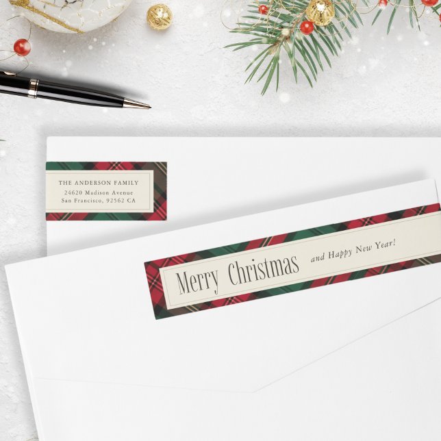 Discurso de Navidades de plantas verdes y rojas el (Green and Red Elegant Plaid Christmas Address Wrap Around Label)