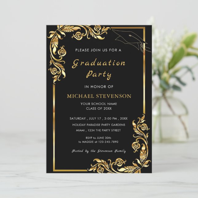 Diseñar tu propia invitación a graduación de oro n (Anverso de pie)