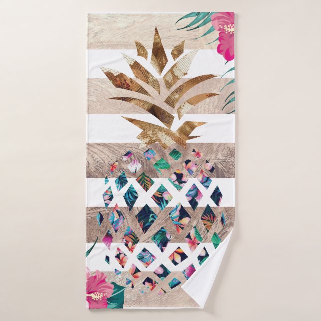 Diseño a rayas de oro de piña floral (Toalla de baño)