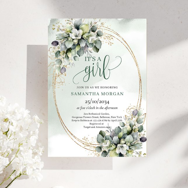 Diseño Botánico Verde Blanco Es Una Invitación De  (Green White Botanical Design It’s A Girl Invitation)