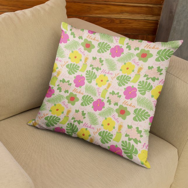 Diseño de almohada de bailarina de hula hawaiana f (Tropical Hawaiian Flower Aloha Hula Woman Throw Pillow)