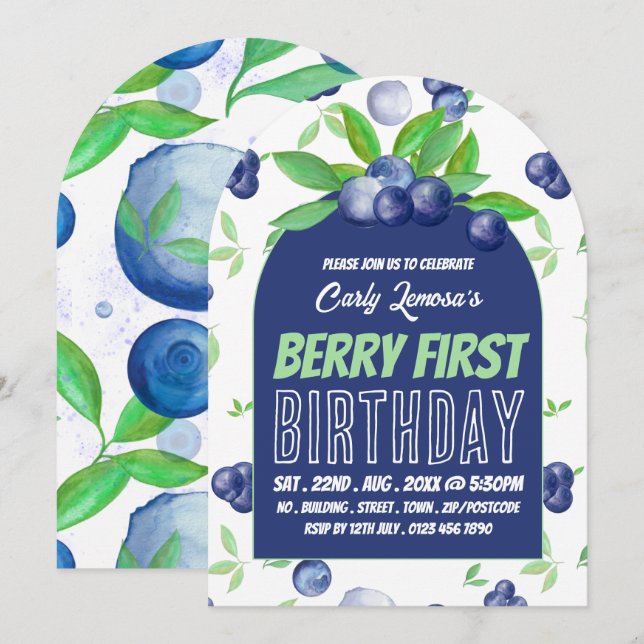 Diseño de arándanos, invitación al primer cumpleañ (Anverso / Reverso)