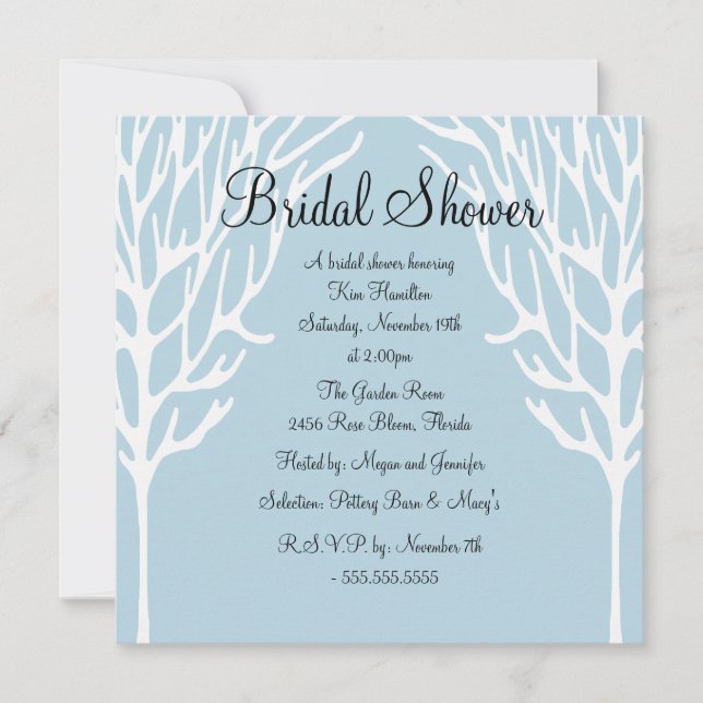 Diseño de árbol azul y blanco Invitación a la duch (Anverso)