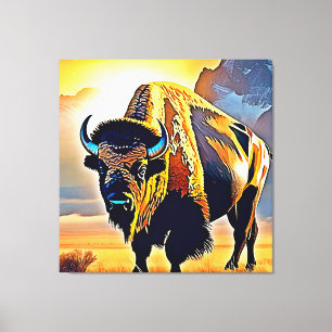 Diseño de Arte de Bisonte de Montaña al Atardecer