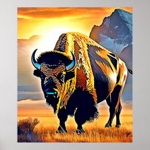 Diseño de arte de bisonte de montaña al atardecer