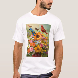 Diseño de aves y flores en camiseta