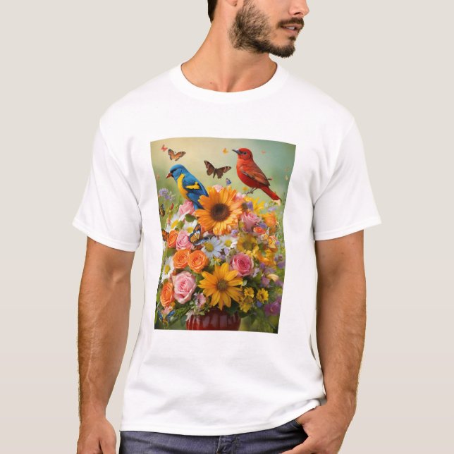 Diseño de aves y flores en camiseta (Anverso)