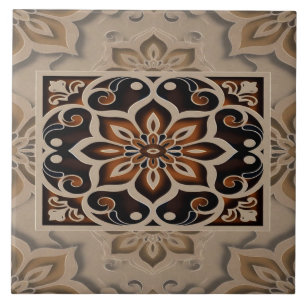 Diseño de Baldosa de Mandala Floral en Tonos Terro