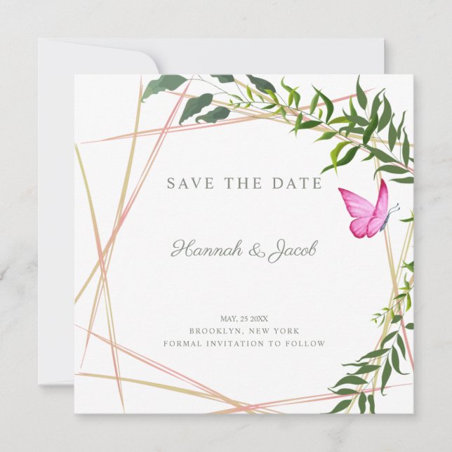 Diseño de boda con mariposa geométrica botánica (Anverso)
