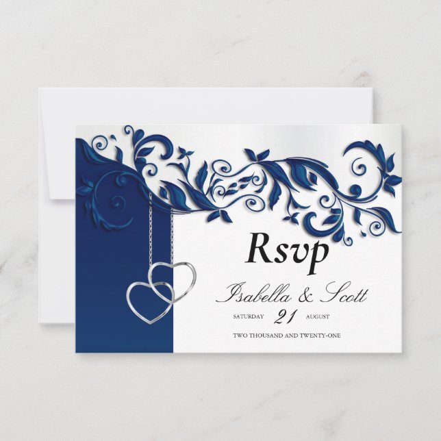 Diseño de Boda floral azul de la marina - RSVP (Anverso)