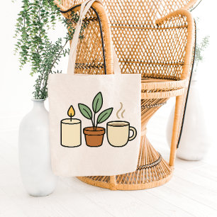 Diseño de bolsa tote de vela, planta y taza acoged