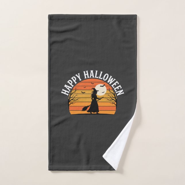 Diseño de bruja de atardecer de Halloween feliz_1 (Toalla de mano)