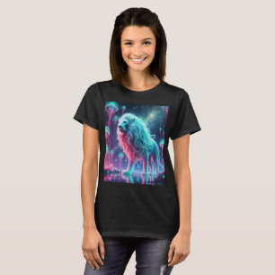 Diseño de camiseta de león cósmico neón.