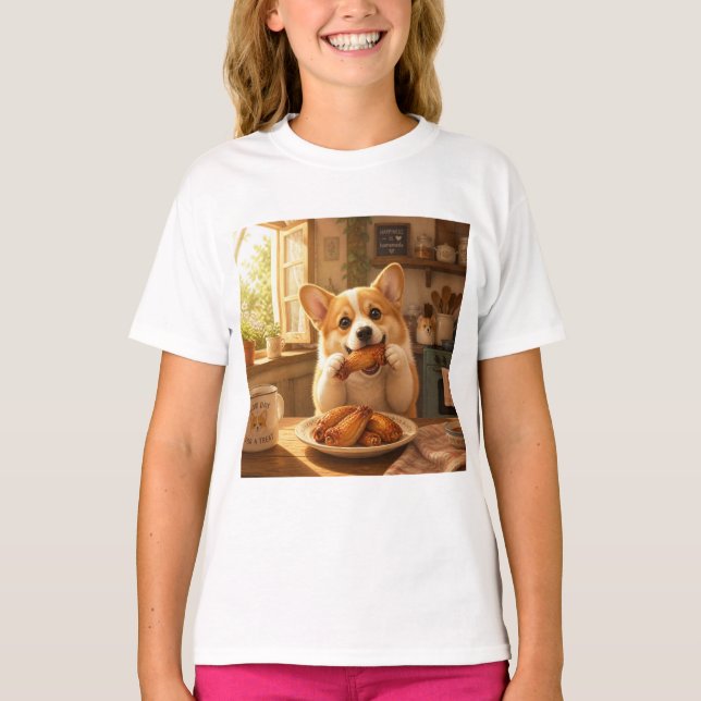 diseño de camiseta de perro comiendo pollo  (Anverso)