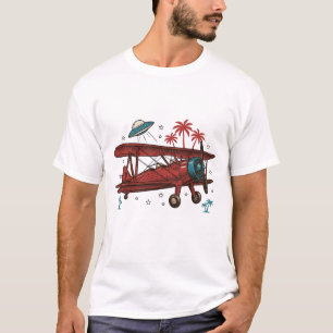 Diseño de camiseta de viaje tropical ovni biplano 