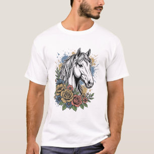 Diseño de camiseta vectorial floral de caballo gra