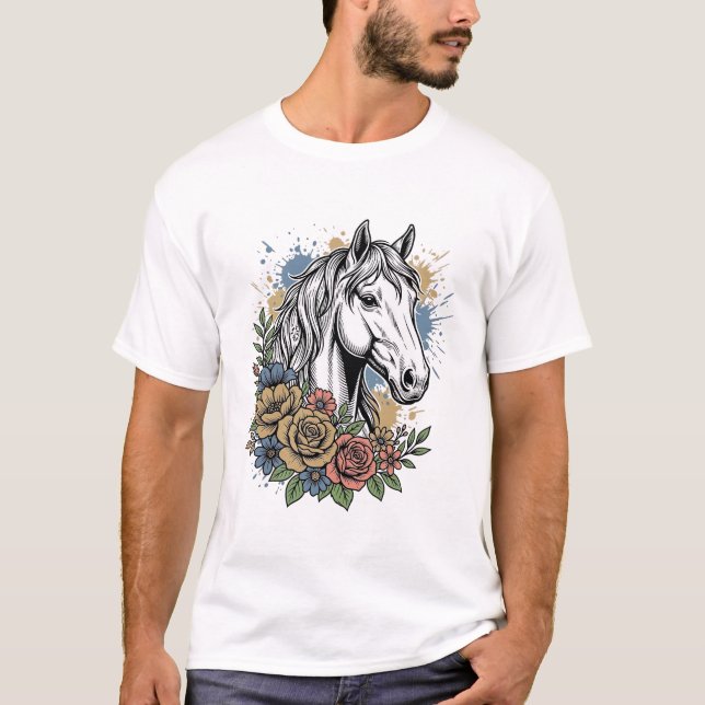 Diseño de camiseta vectorial floral de caballo gra (Anverso)
