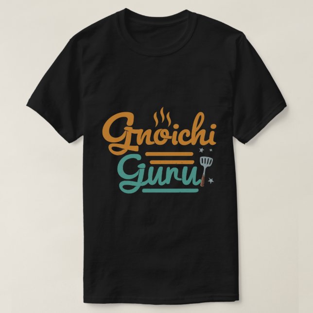 Diseño de camisetas con el texto "Gnocchi Guru". (Diseño del anverso)