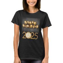 Diseño de camisetas de Año Nuevo 2025 con globos y