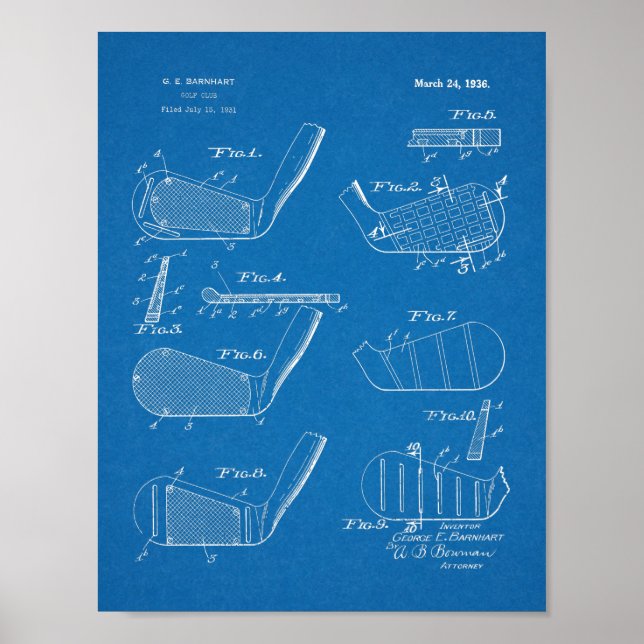 Diseño de clubes de golf de 1936 Impresión de arte (Frente)