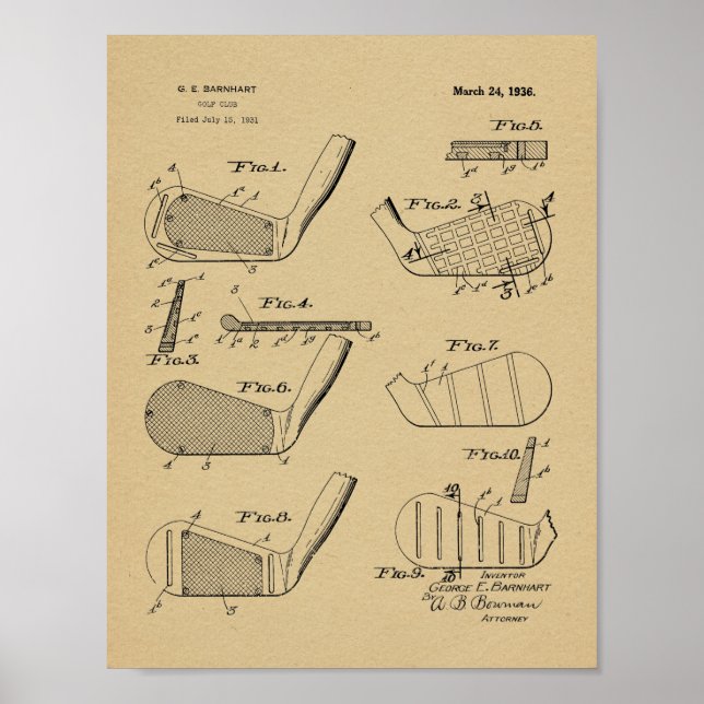 Diseño de clubes de golf de 1936 Impresión de arte (Frente)