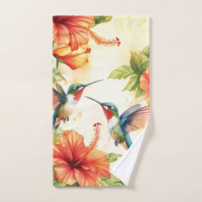 Diseño de colibrí acuarela y flores (Toalla de mano)
