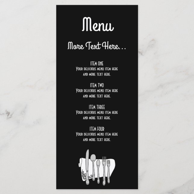 Diseño de cubertería en blanco y negro Menú 4x9 pu (Anverso)