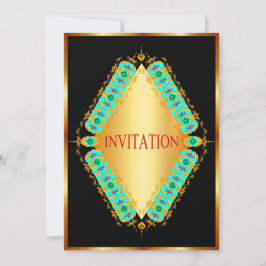 Diseño de diamantes azul y oro en invitación negra
