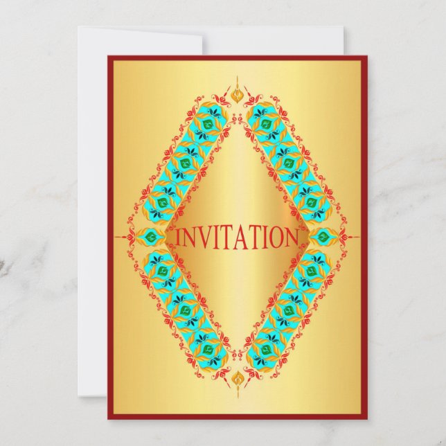 Diseño de diamantes azul y rojo en invitación dora (Anverso)