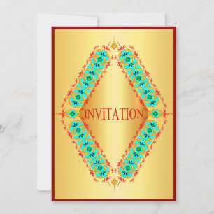Diseño de diamantes azul y rojo en invitación dora
