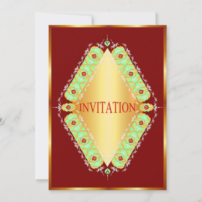 Diseño de diamantes verde y oro en invitación roja (Anverso)