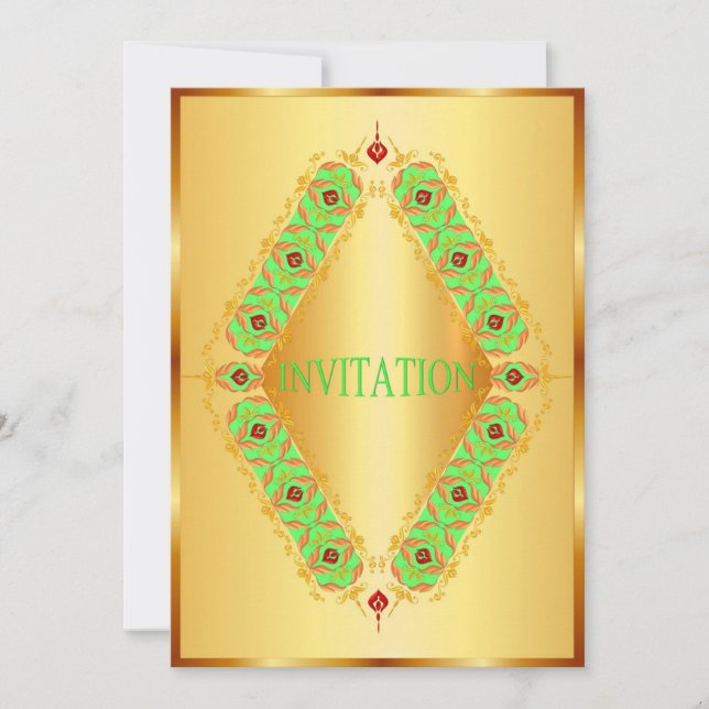Diseño de diamantes verde y rojo en invitación de  (Anverso)