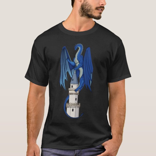 Diseño de dragón azul en una camiseta negra (Anverso)