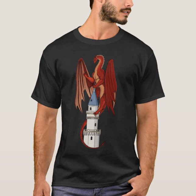 Diseño de dragón rojo en una camiseta negra (Anverso)