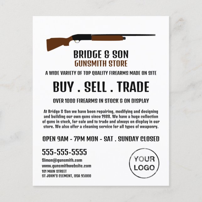 Diseño de escopetas, Gunsmith, publicidad de tiend (Frente)
