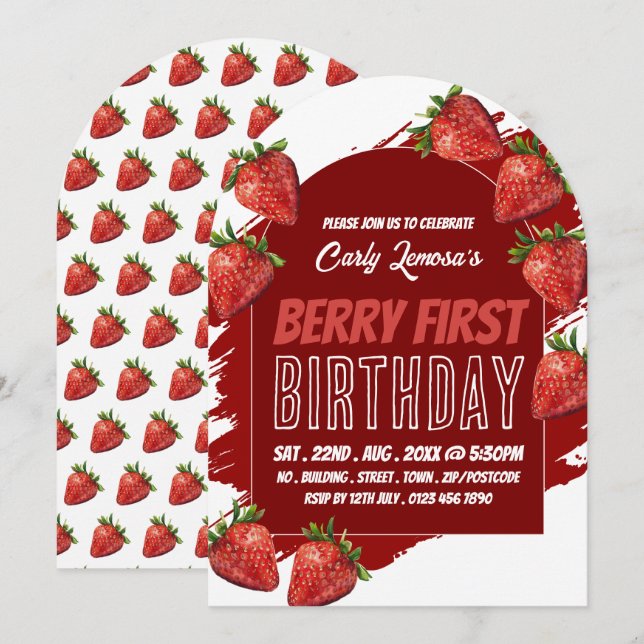 Diseño de fresa, Invitación de primer cumpleaños d (Anverso / Reverso)