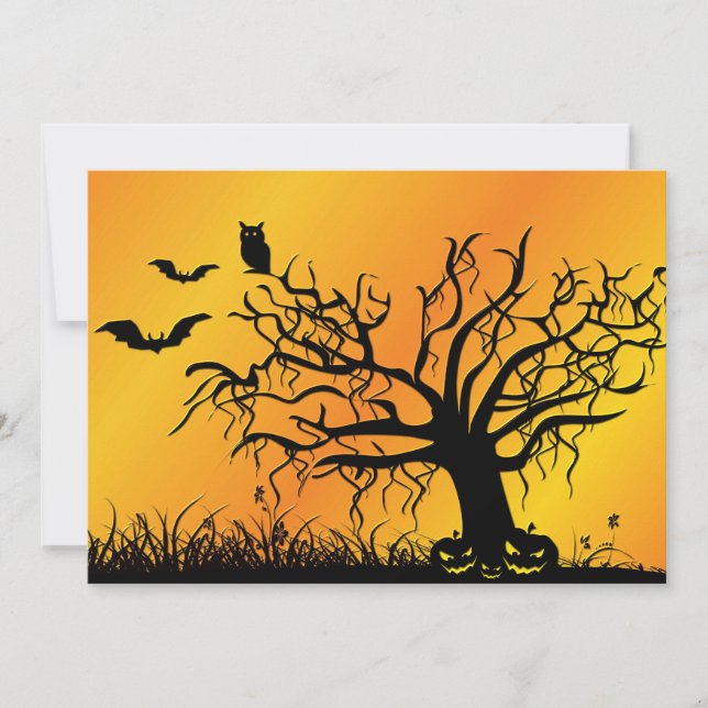Diseño de Halloween con murciélagos, árboles y cal (Anverso)
