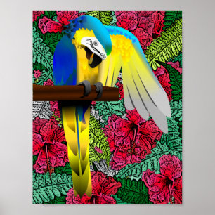 Diseño de impresión en hawaiano de loro e hibiscus