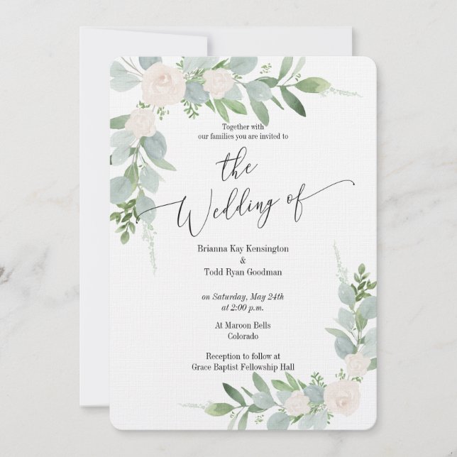 Diseño de Invitación a la Boda Blanca y Verde (Anverso)