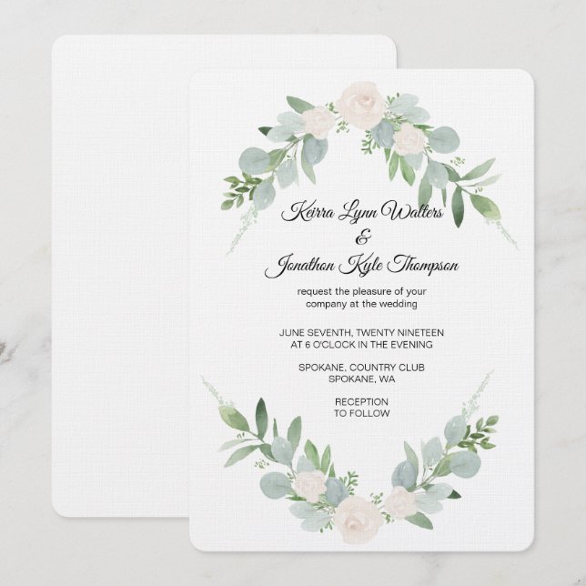 Diseño de Invitación a la Boda Blanca y Verde (Anverso / Reverso)