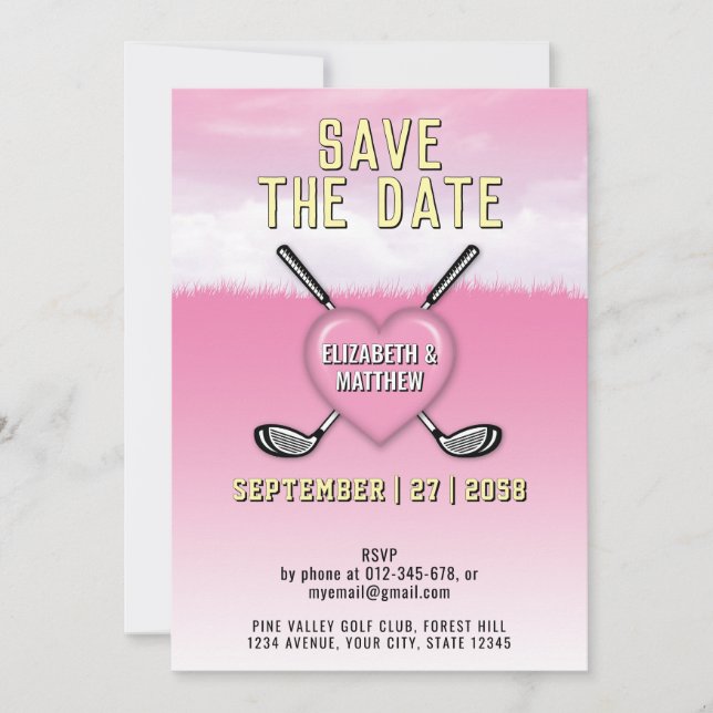 Diseño de invitación a la boda de golf rosa (Anverso)