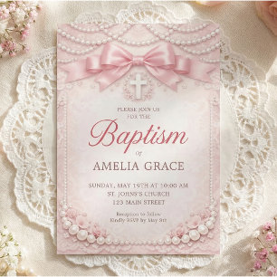 Diseño de Invitación de Bautizo Pink Pearl con Laz