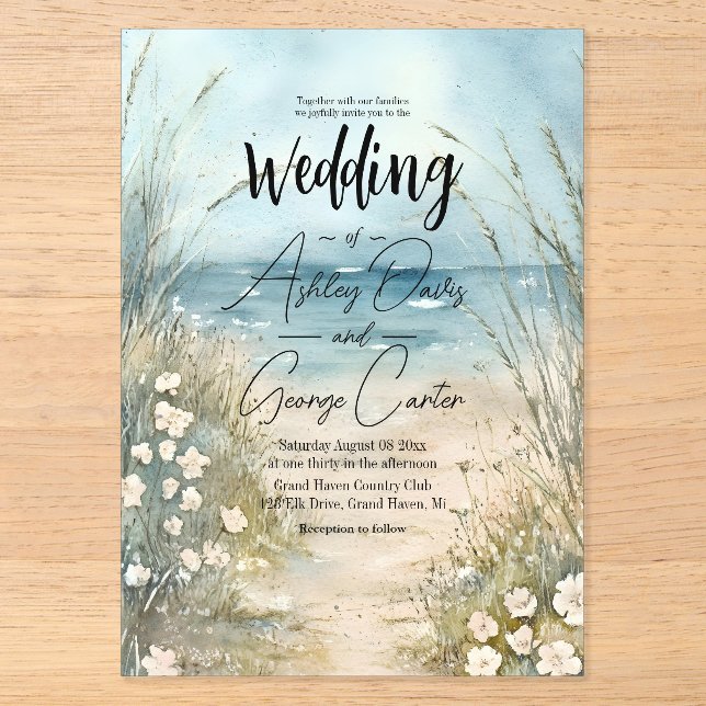 Diseño de Invitación de Boda Acuarela Costera (Anverso)
