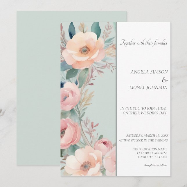 Diseño de Invitación de Boda Pastel Floral Eleganc (Anverso / Reverso)