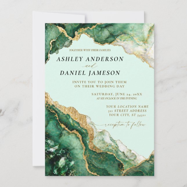 Diseño de Invitación de Boda Verde Esmeralda (Anverso)