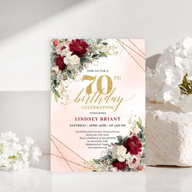 Diseño de invitación de cumpleaños 70 dorado flora (Printable floral gold 70th birthday invite design

)
