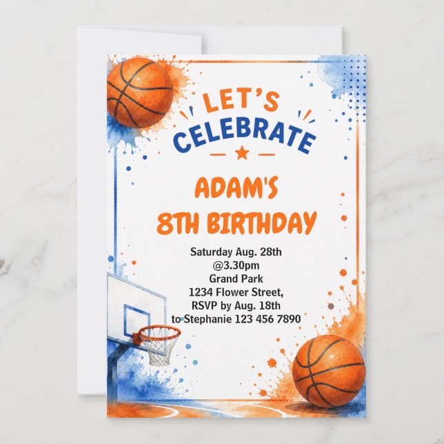 Diseño de invitación de cumpleaños de baloncesto c (Anverso)