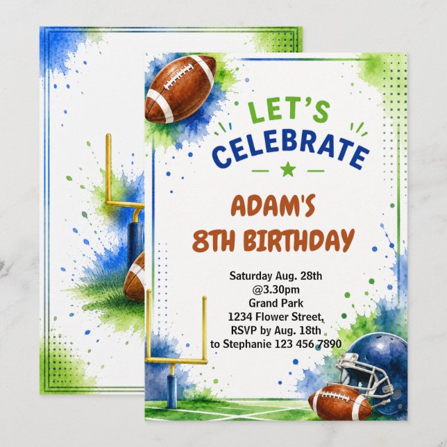 Diseño de invitación de cumpleaños de fútbol acuar (Anverso / Reverso)