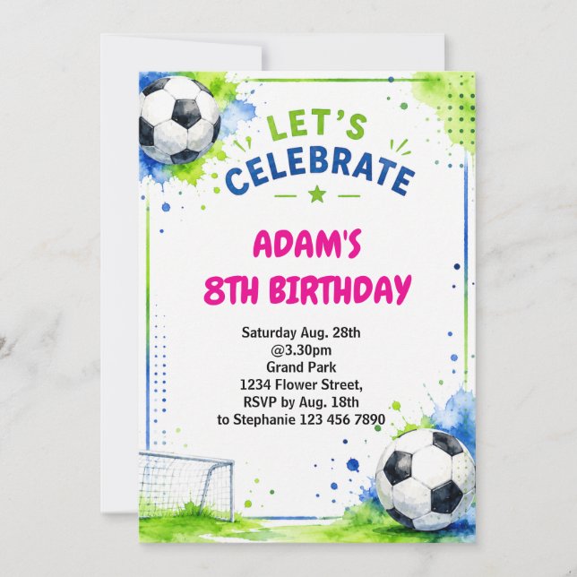 Diseño de invitación de cumpleaños de fútbol con a (Anverso)