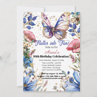 diseño de invitación de cumpleaños de mariposa de 